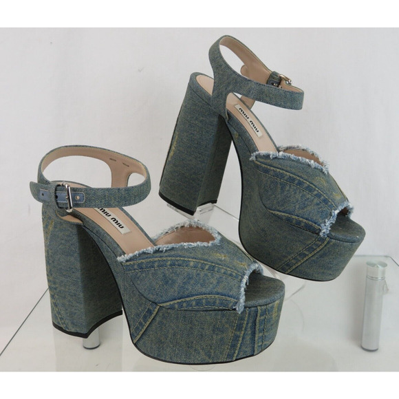 MIU MIU 5XP832 BLUE WASHED DENIM BUCKLE ANKLE STRAP SANDAL PLATFORM PUMPS 37 - Picture 8 of 14